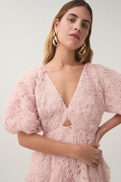 V-Neck Puff Sleeve Cut Out Midi Dress