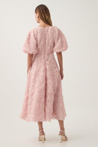 V-Neck Puff Sleeve Cut Out Midi Dress