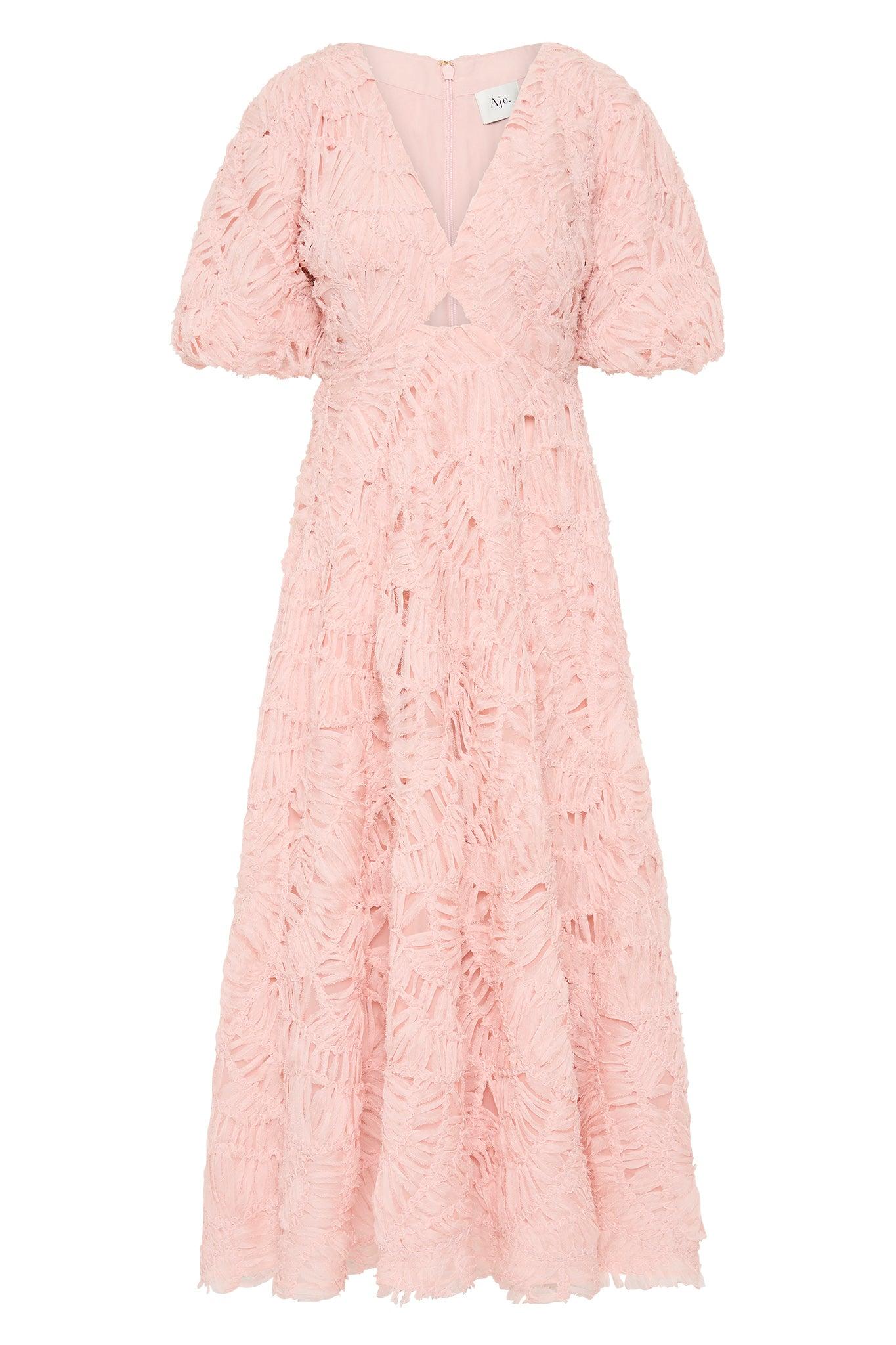V-Neck Puff Sleeve Cut Out Midi Dress