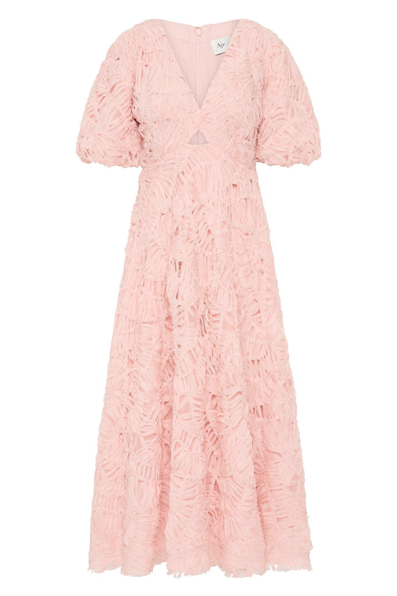 V-Neck Puff Sleeve Cut Out Midi Dress