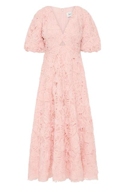 V-Neck Puff Sleeve Cut Out Midi Dress