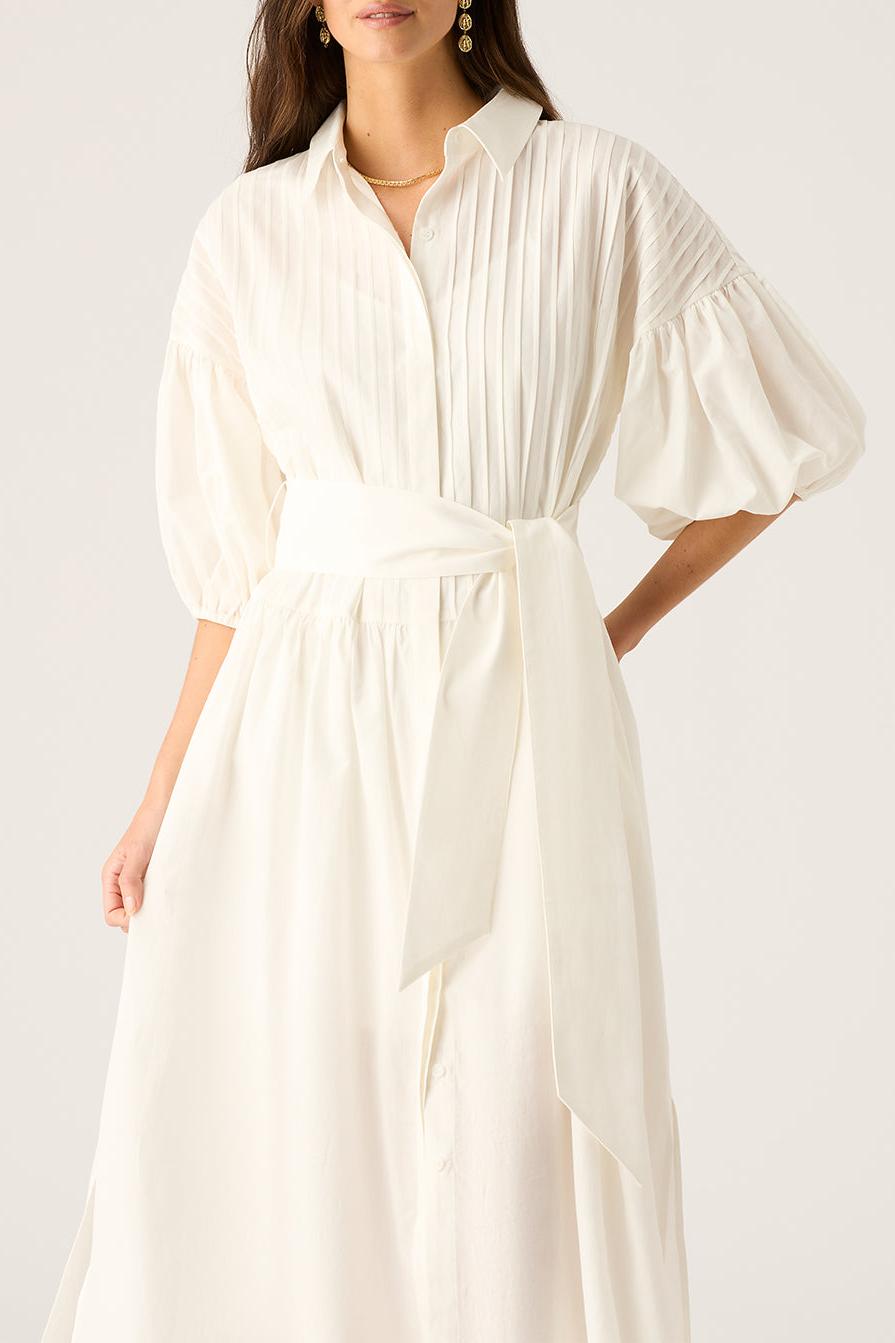 Solid Puff Sleeve Midi Dress With Belt