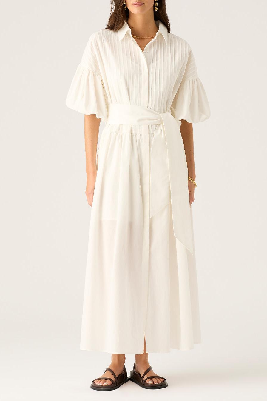 Solid Puff Sleeve Midi Dress With Belt