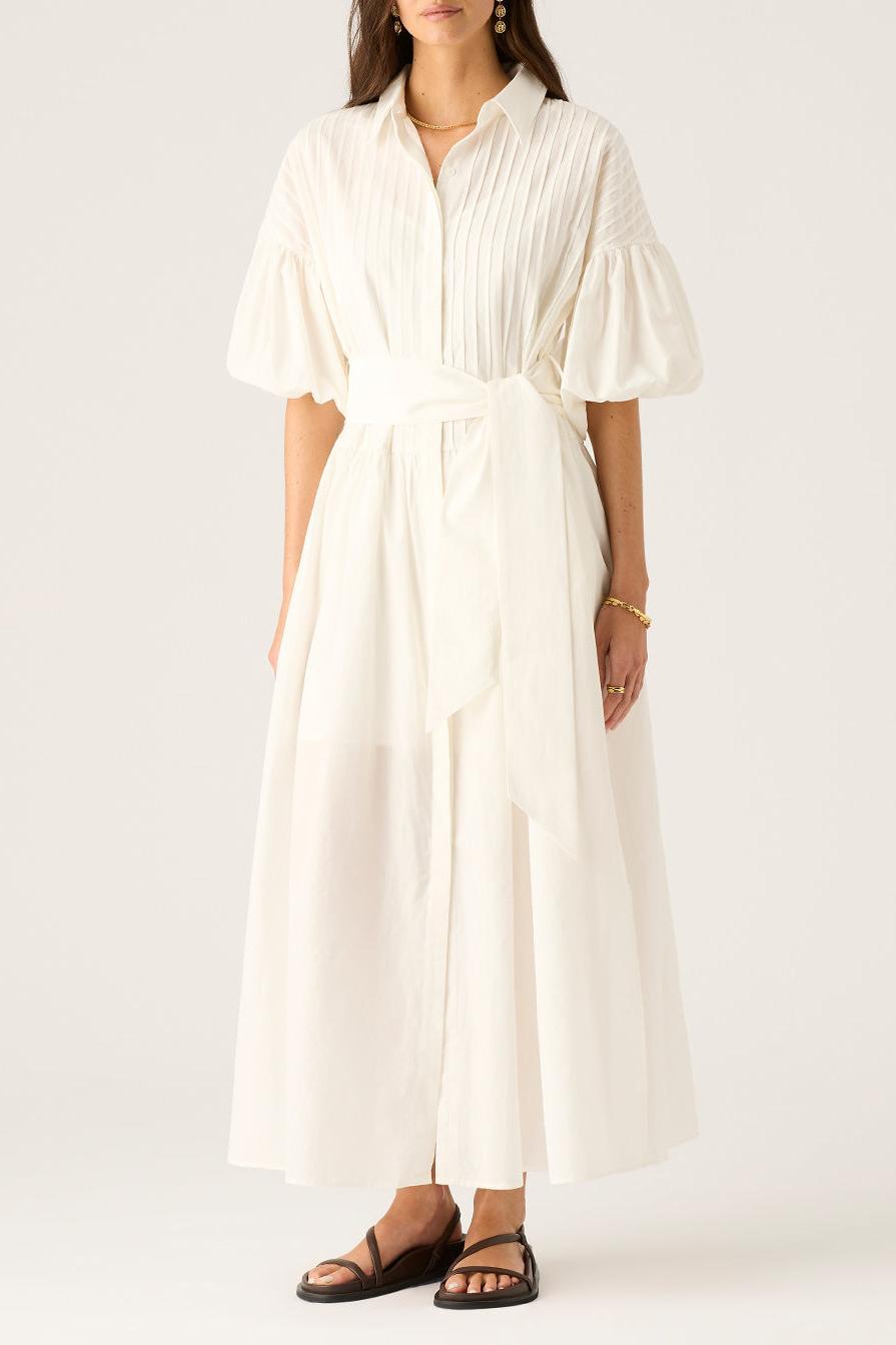 Solid Puff Sleeve Midi Dress With Belt