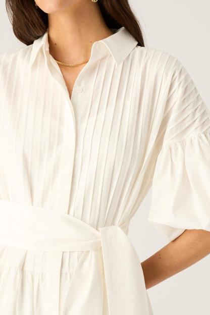 Solid Puff Sleeve Midi Dress With Belt