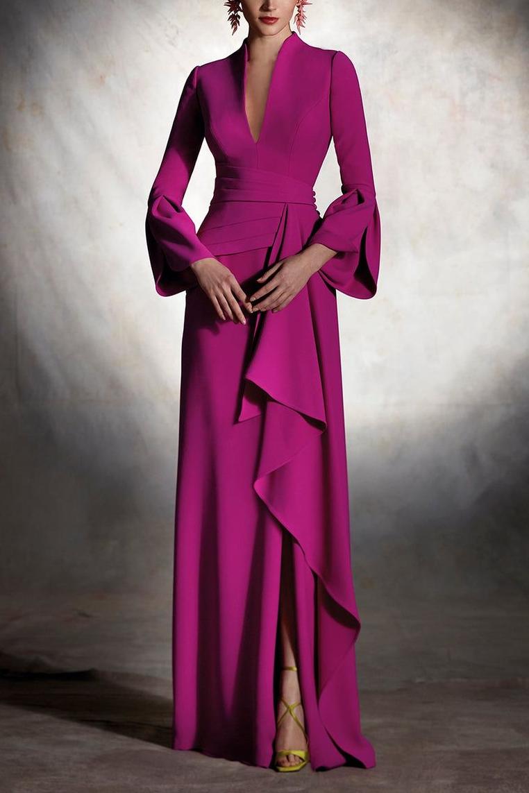 Solid Pleated Split Midi Dress