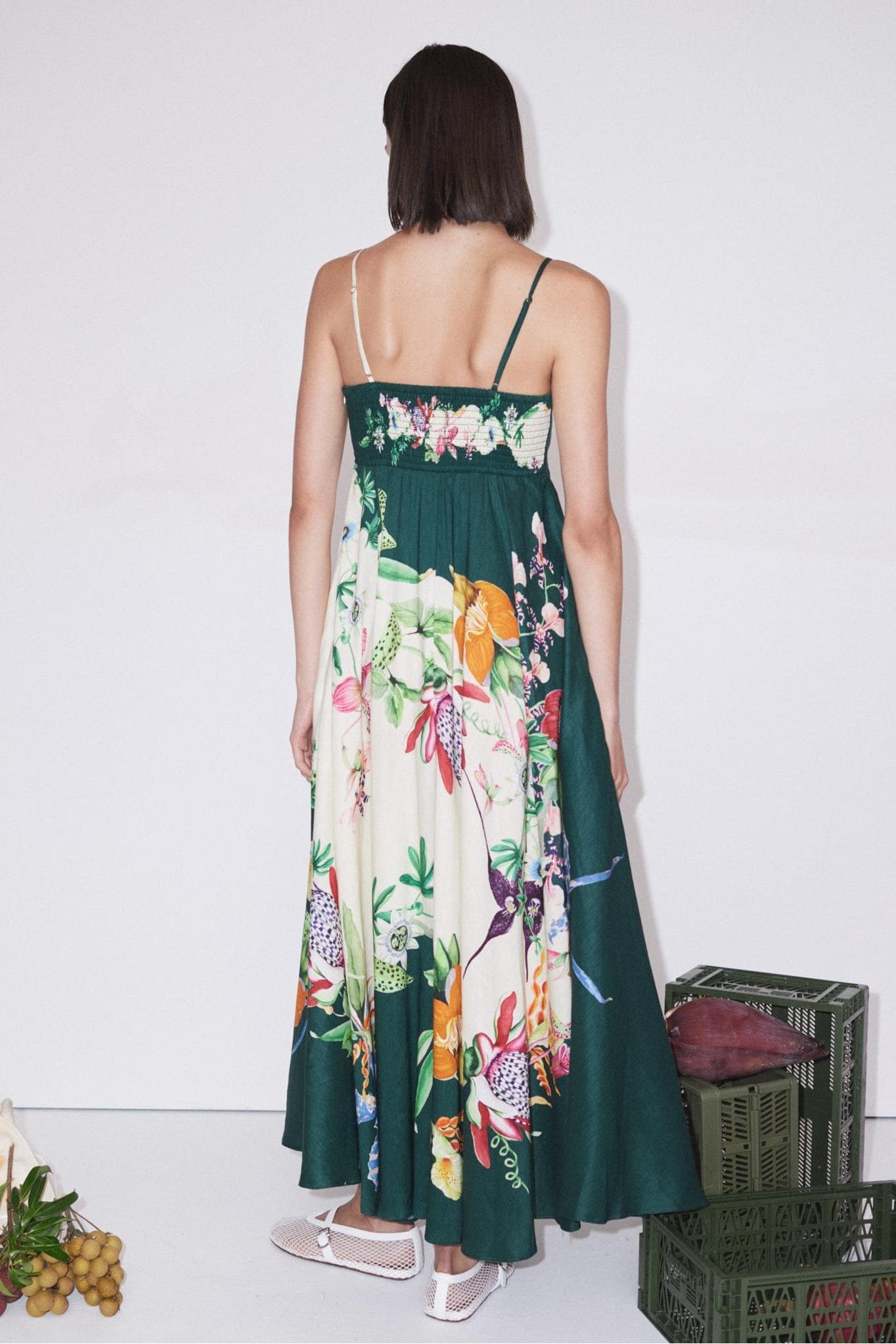 Botanical Print  Smocking Slip Midi Dress