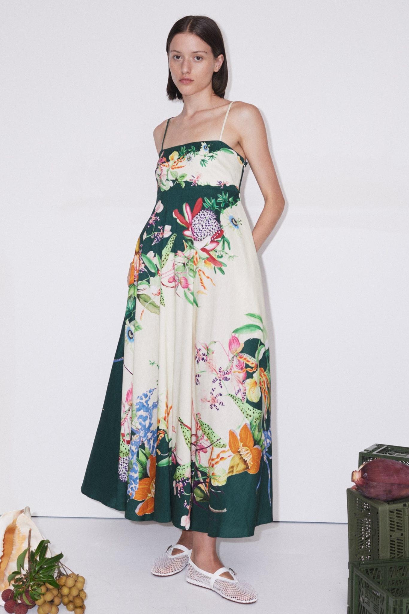 Botanical Print  Smocking Slip Midi Dress