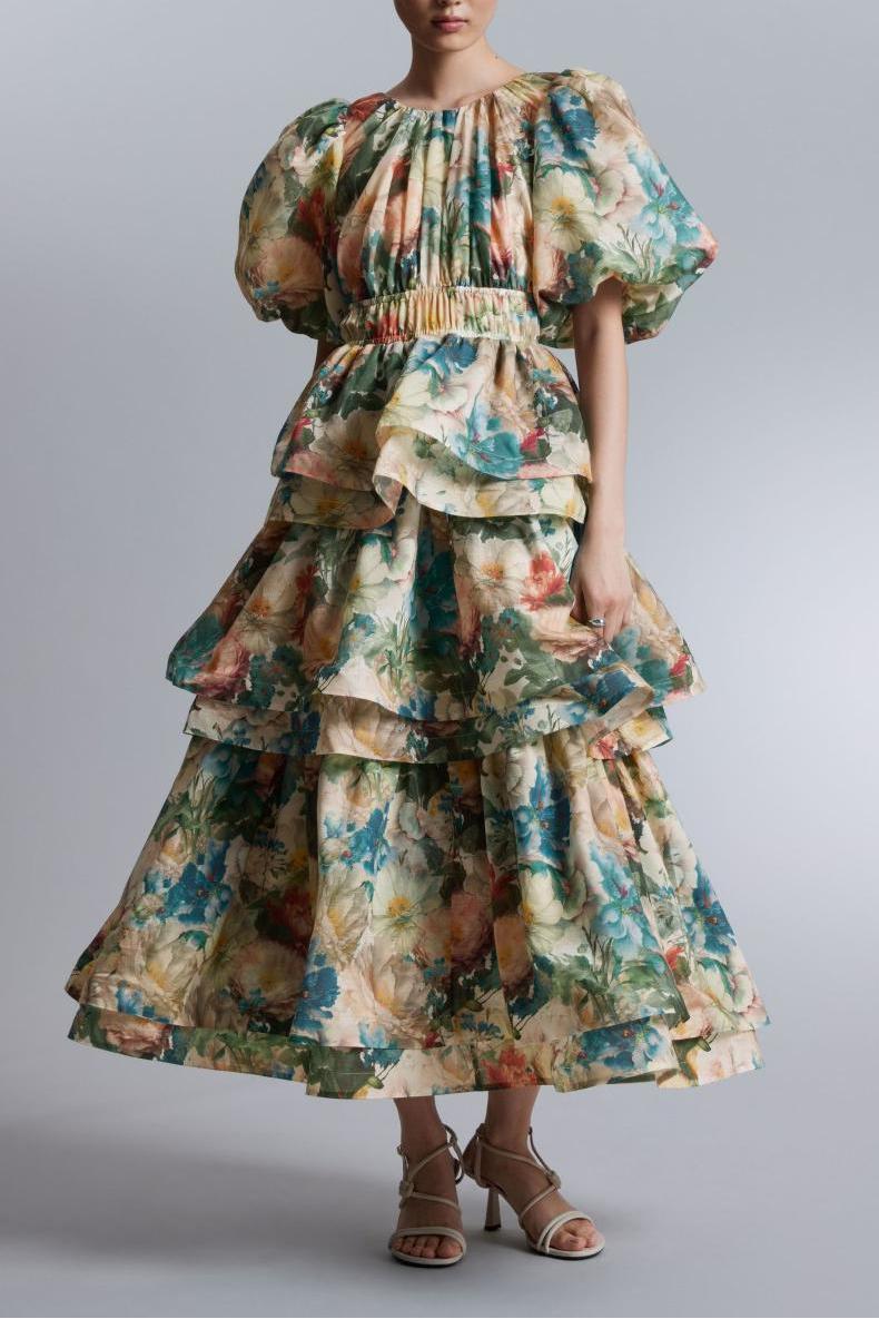 Floral Puff Sleeve Tiered Midi Dress