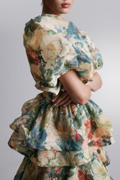 Floral Puff Sleeve Tiered Midi Dress