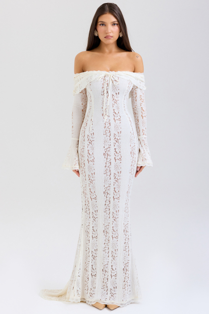 Lace Solid Off-Shoulder Midi Dress