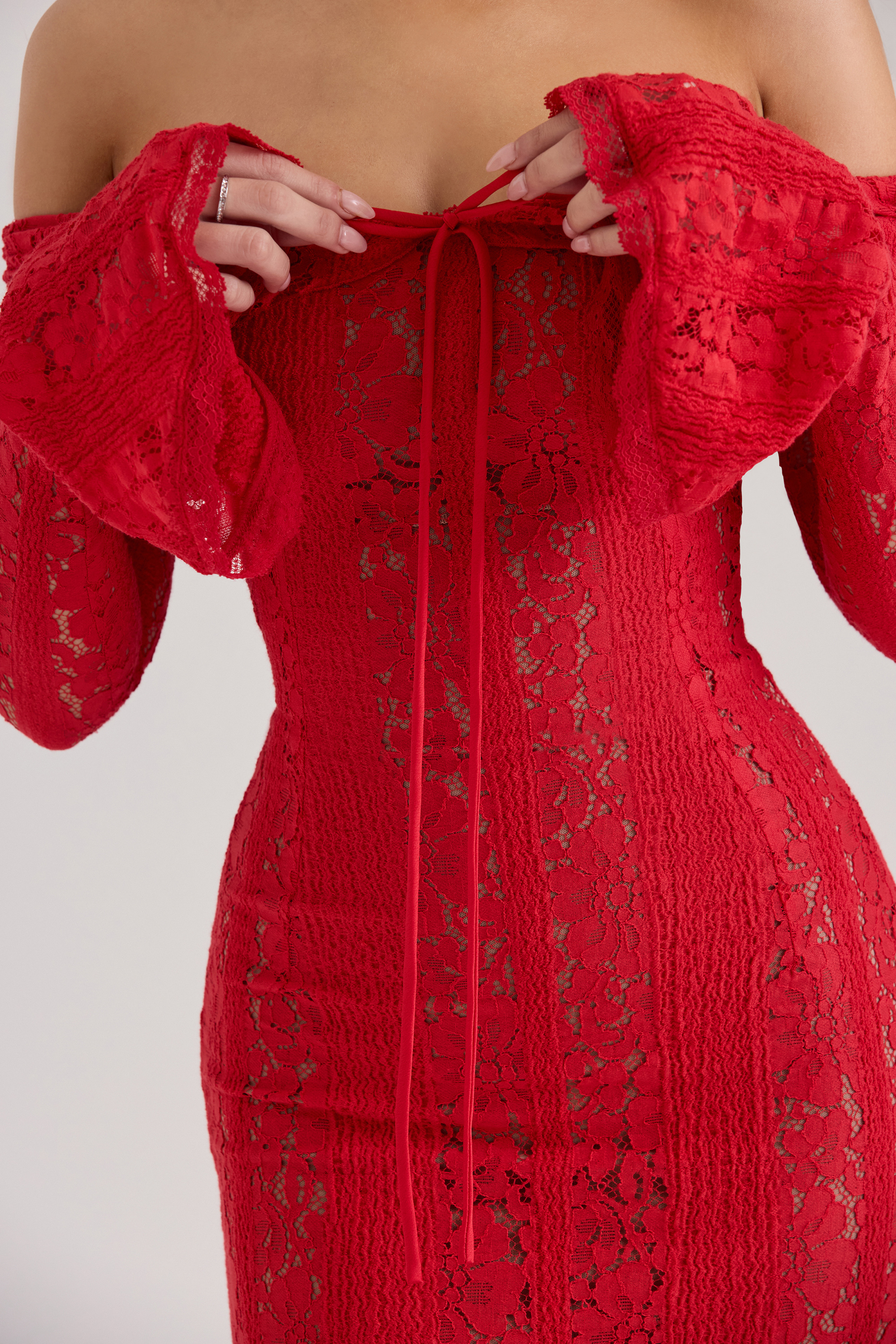 Lace Solid Off-Shoulder Midi Dress