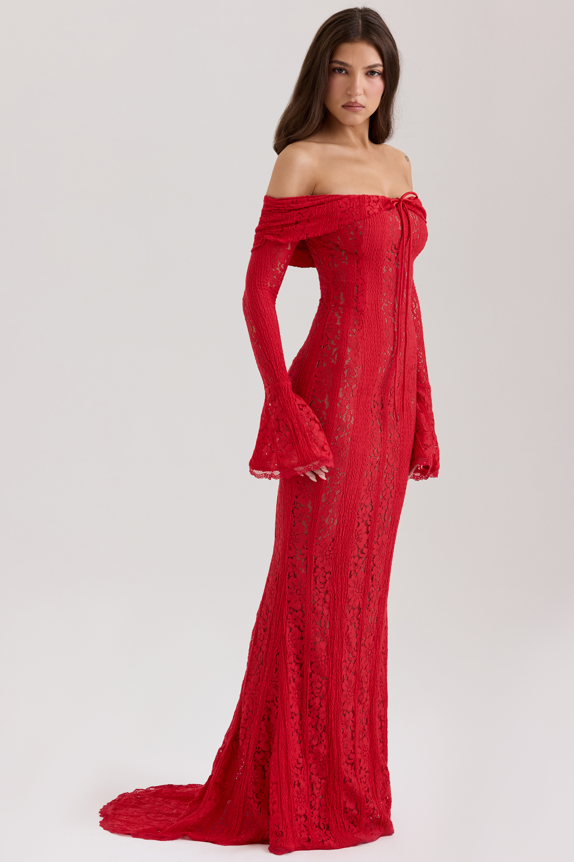 Lace Solid Off-Shoulder Midi Dress