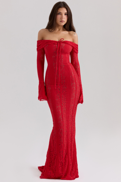 Lace Solid Off-Shoulder Midi Dress