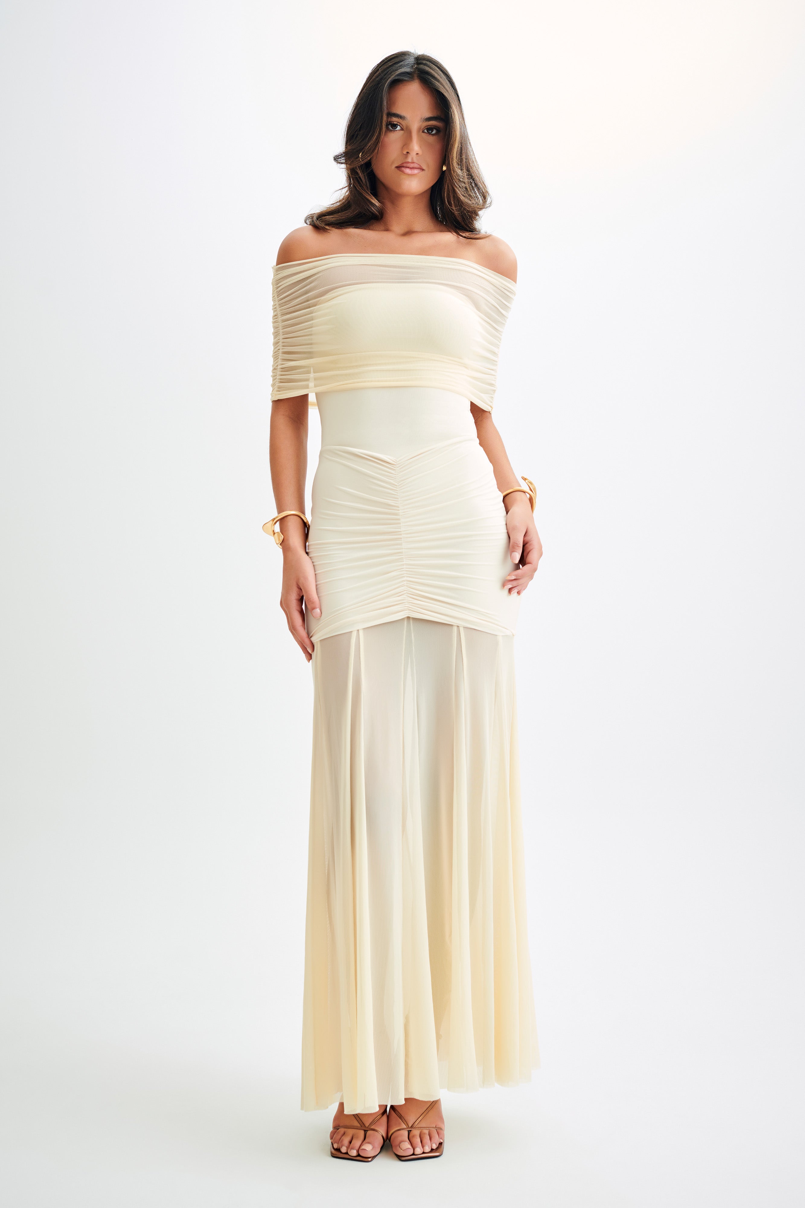 Solid Mesh Off-Shoulder Midi Dress