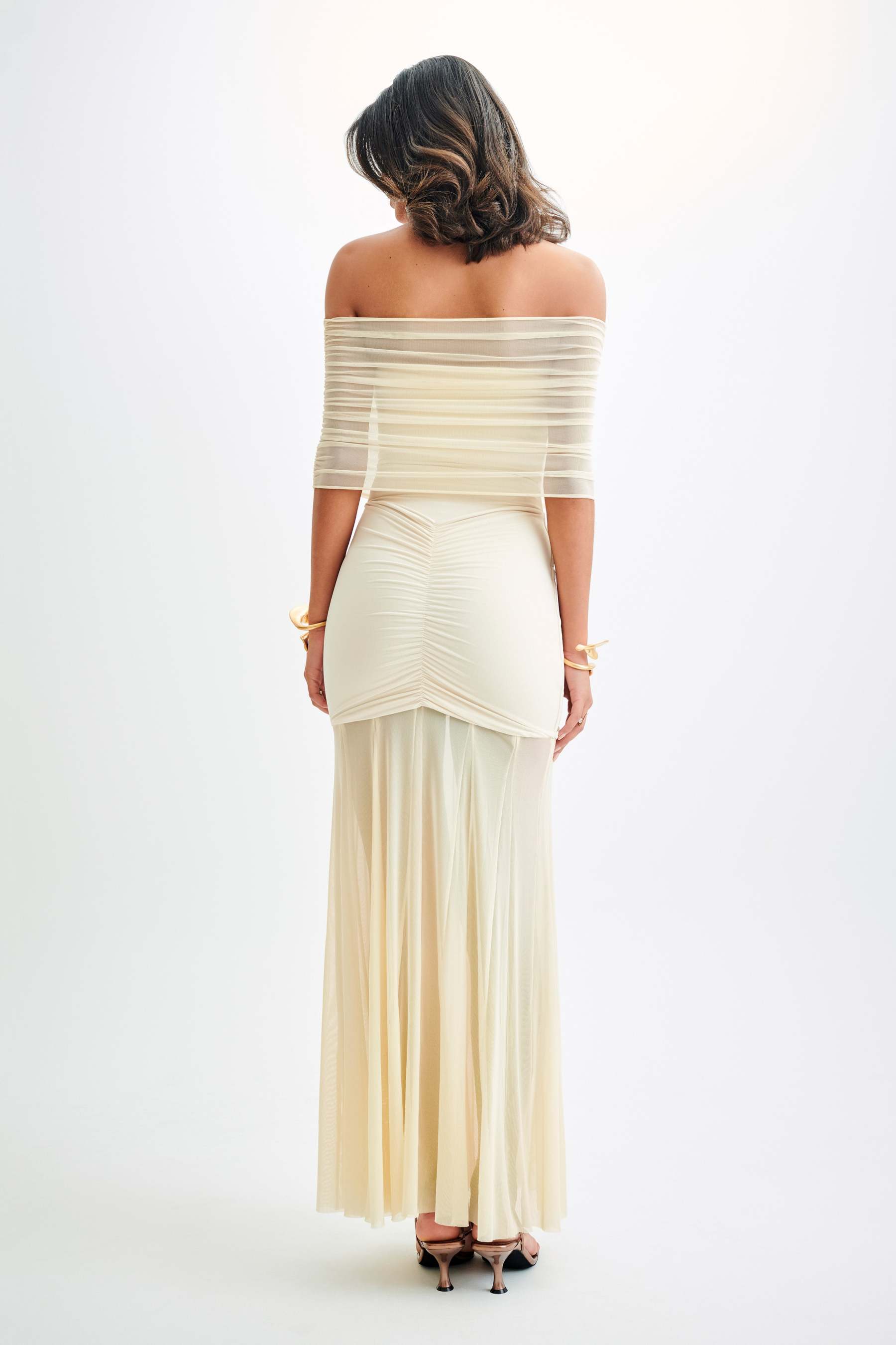 Solid Mesh Off-Shoulder Midi Dress
