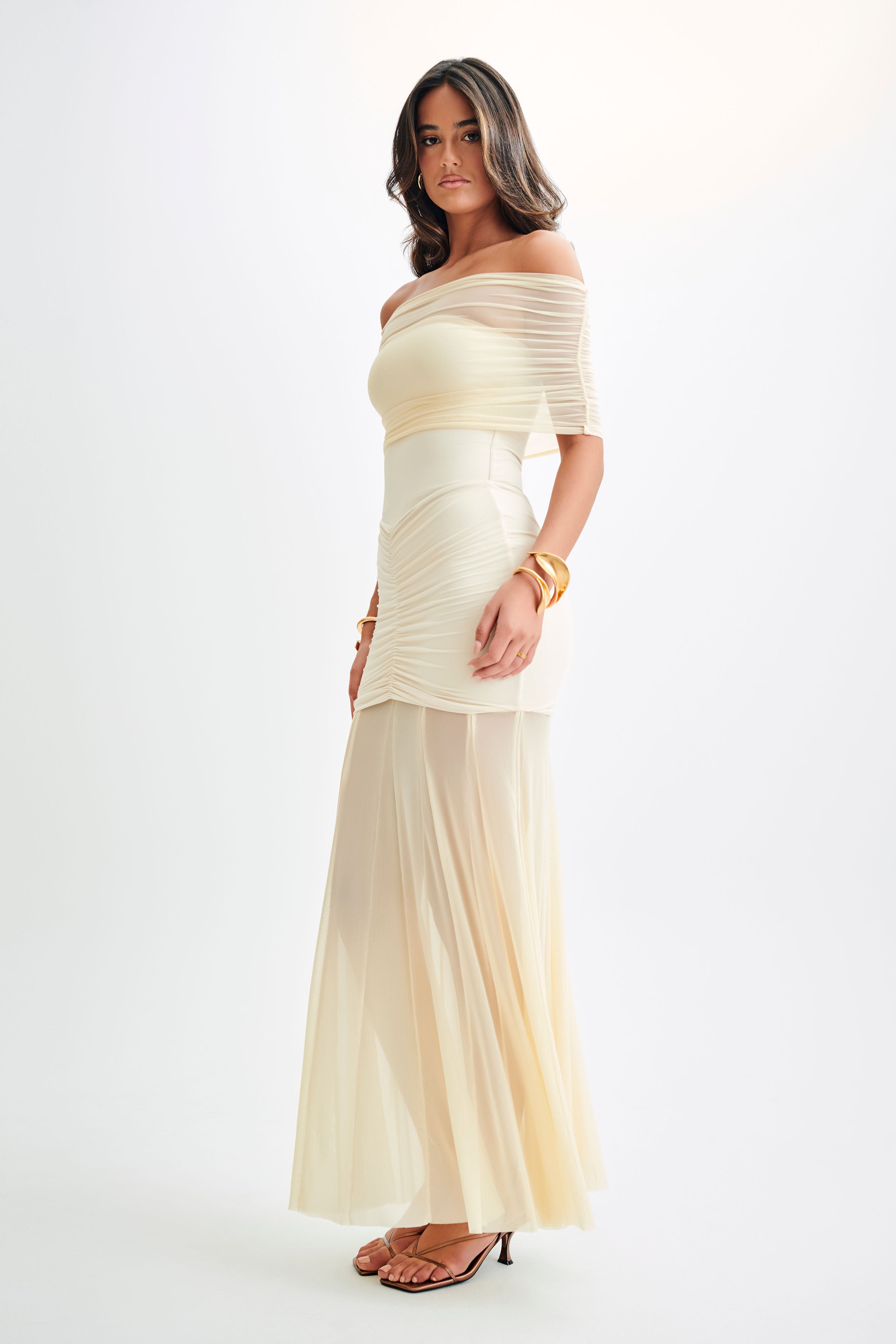 Solid Mesh Off-Shoulder Midi Dress