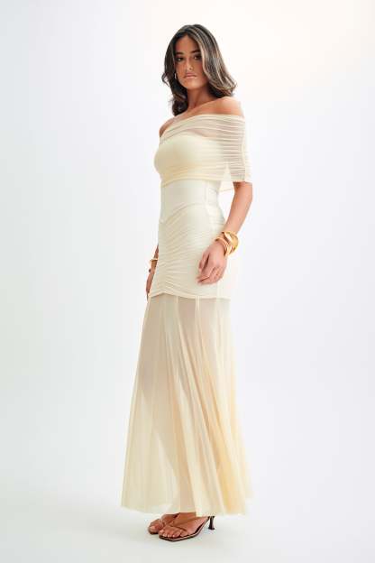 Solid Mesh Off-Shoulder Midi Dress