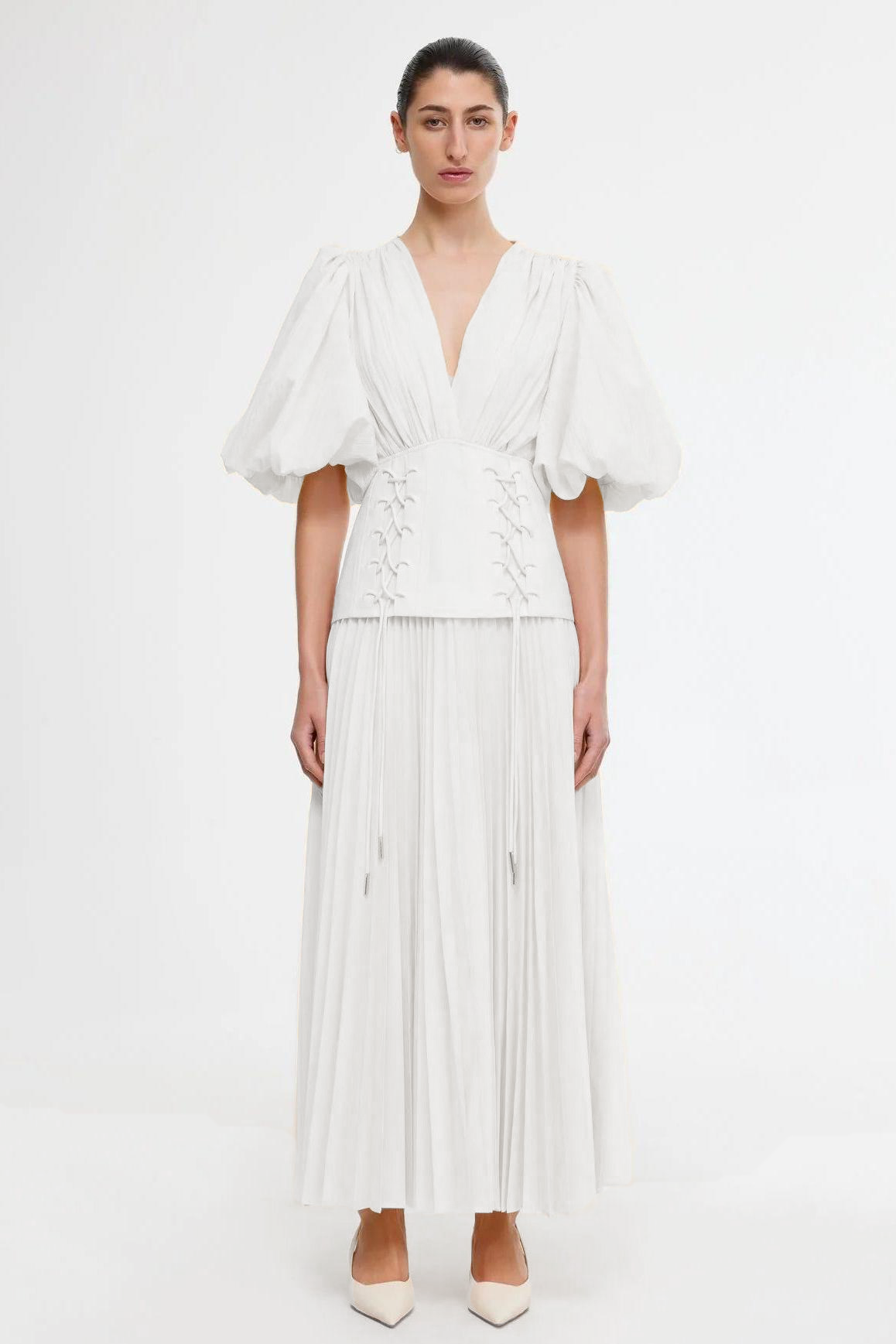 Solid Pleated Lace-Up Midi Dress