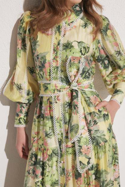 Floral Lace Lantern Sleeve Midi Dress