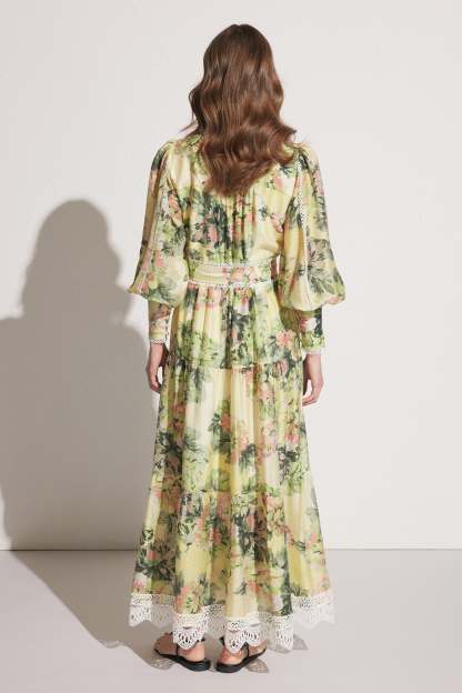 Floral Lace Lantern Sleeve Midi Dress