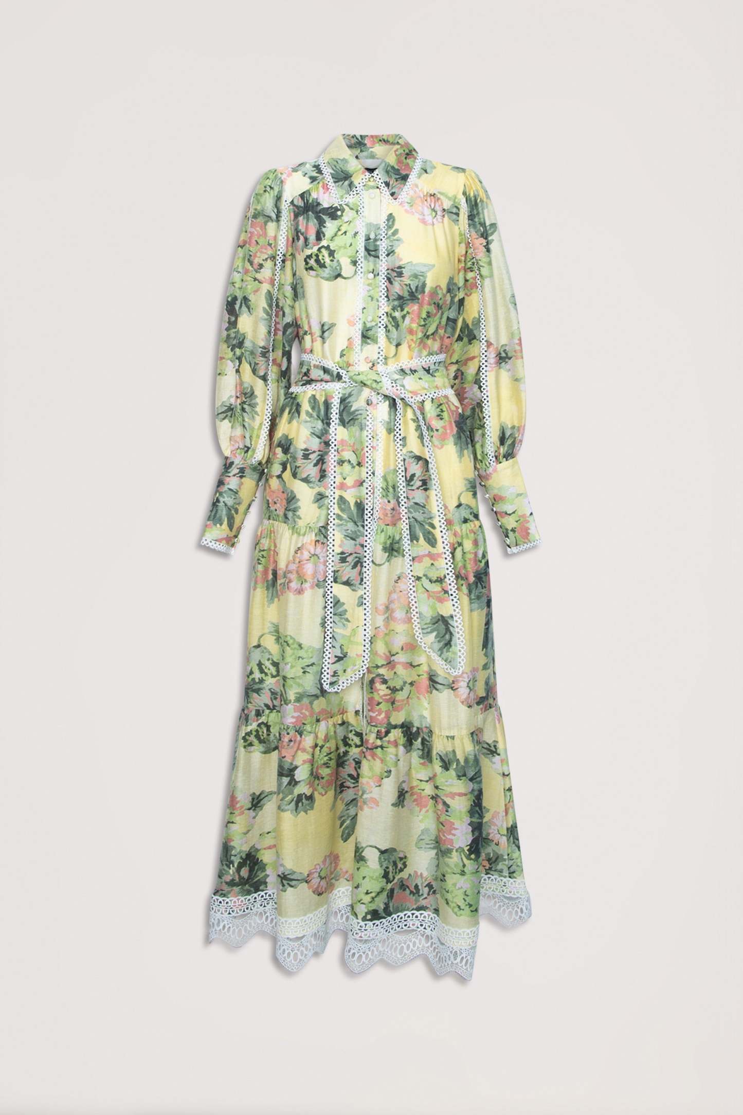 Floral Lace Lantern Sleeve Midi Dress