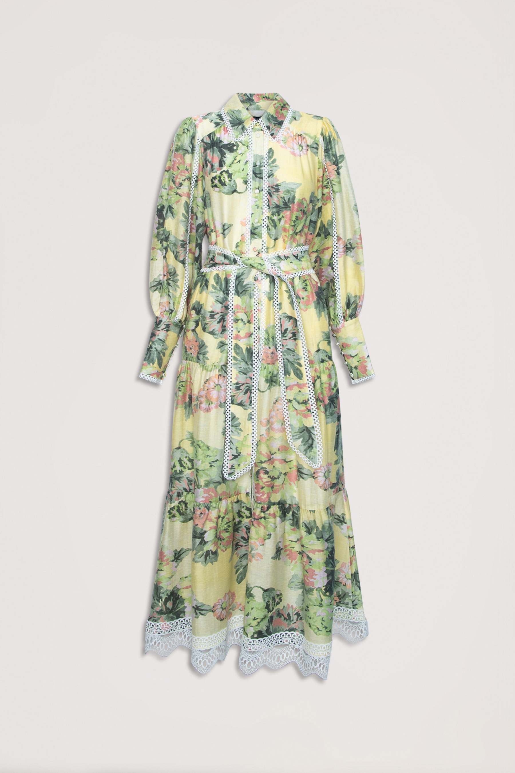 Floral Lace Lantern Sleeve Midi Dress