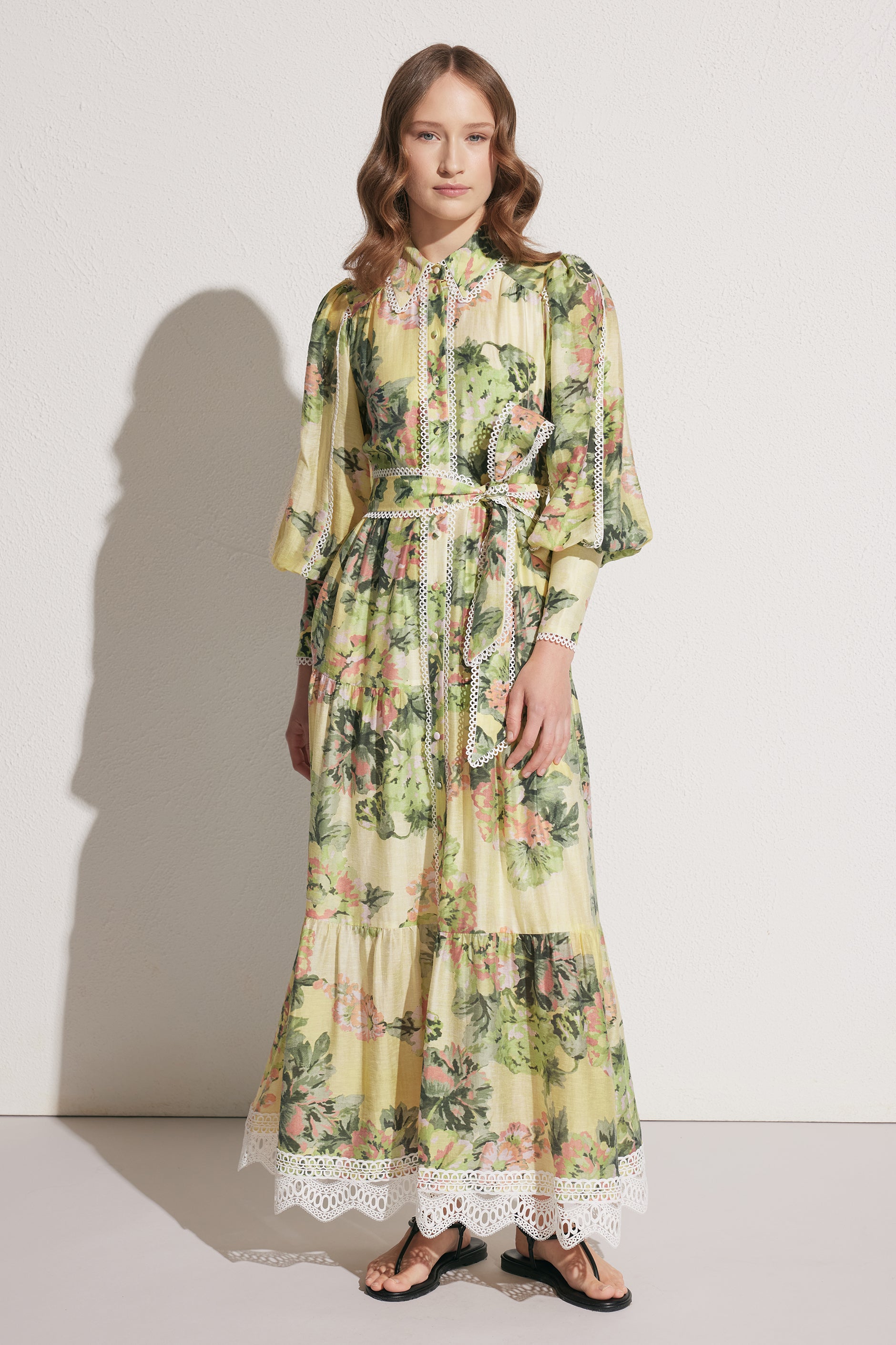 Floral Lace Lantern Sleeve Midi Dress