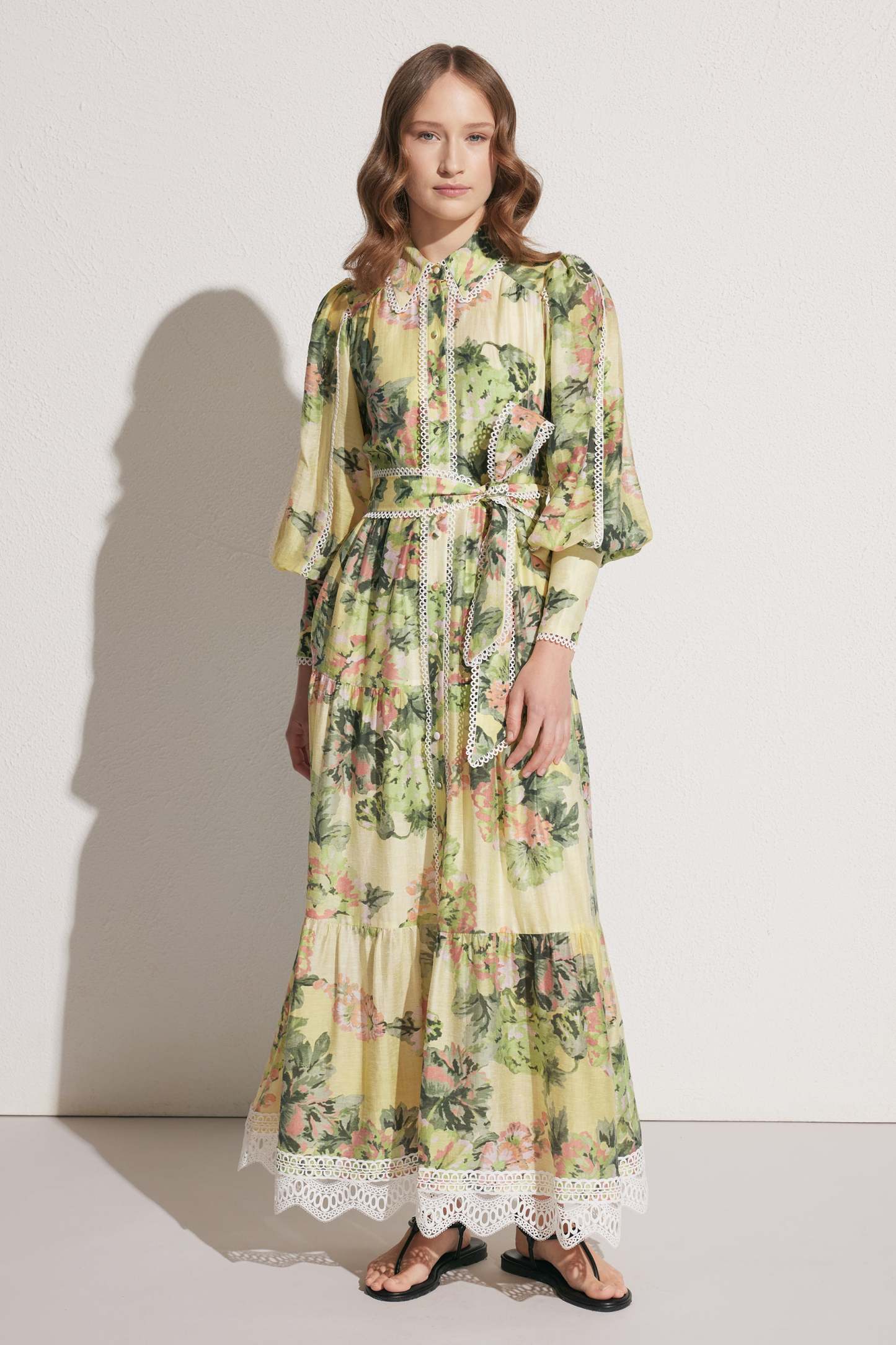 Floral Lace Lantern Sleeve Midi Dress