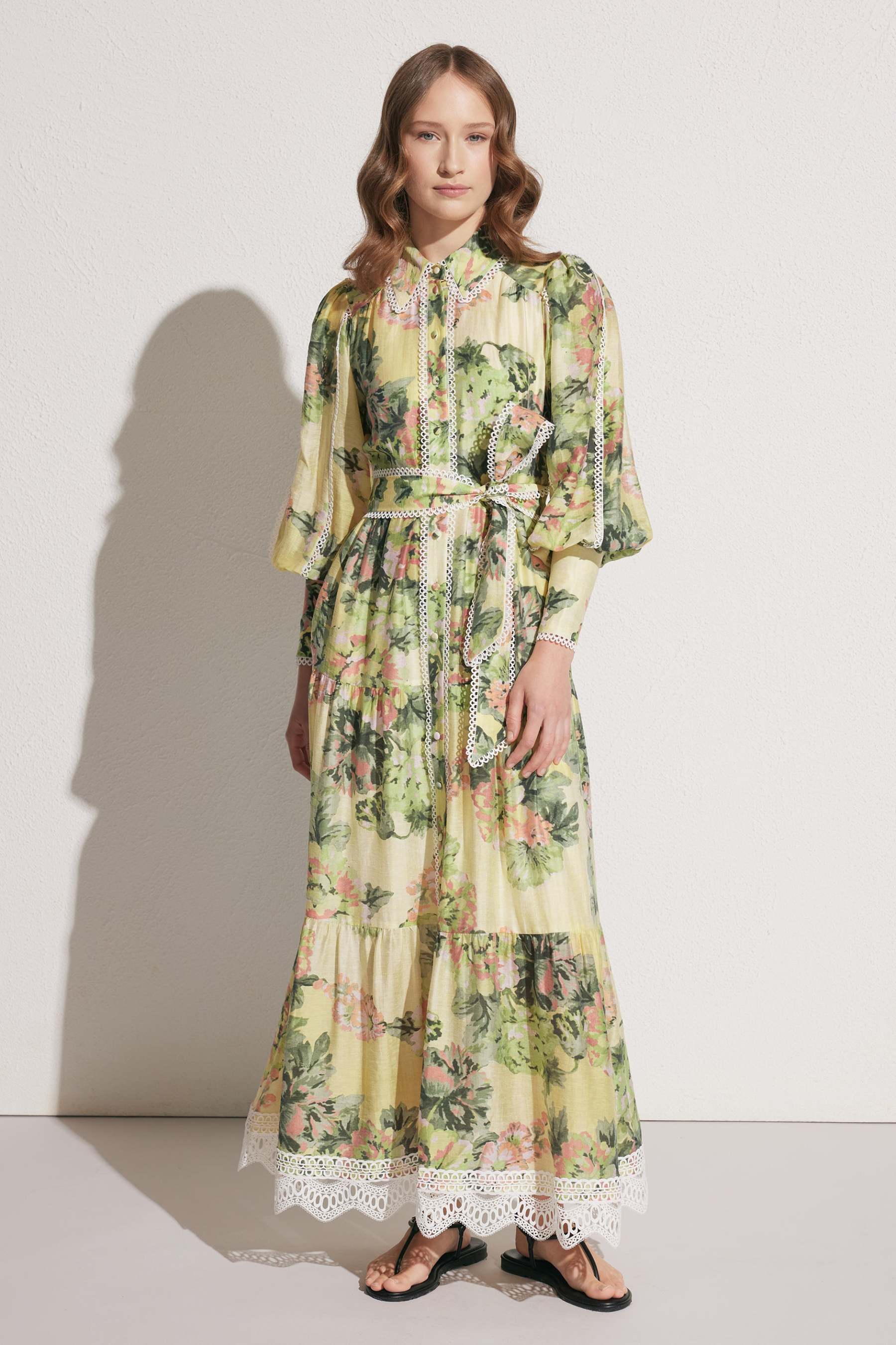 Floral Lace Lantern Sleeve Midi Dress