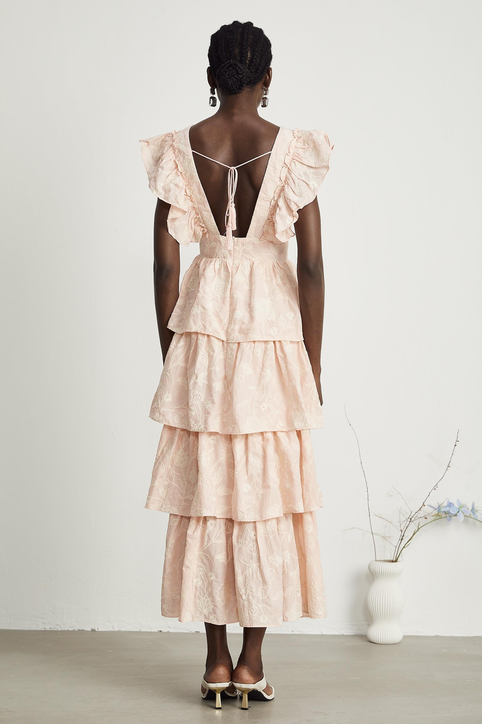 Embroidered Ruffle Sleeveless Midi Dress