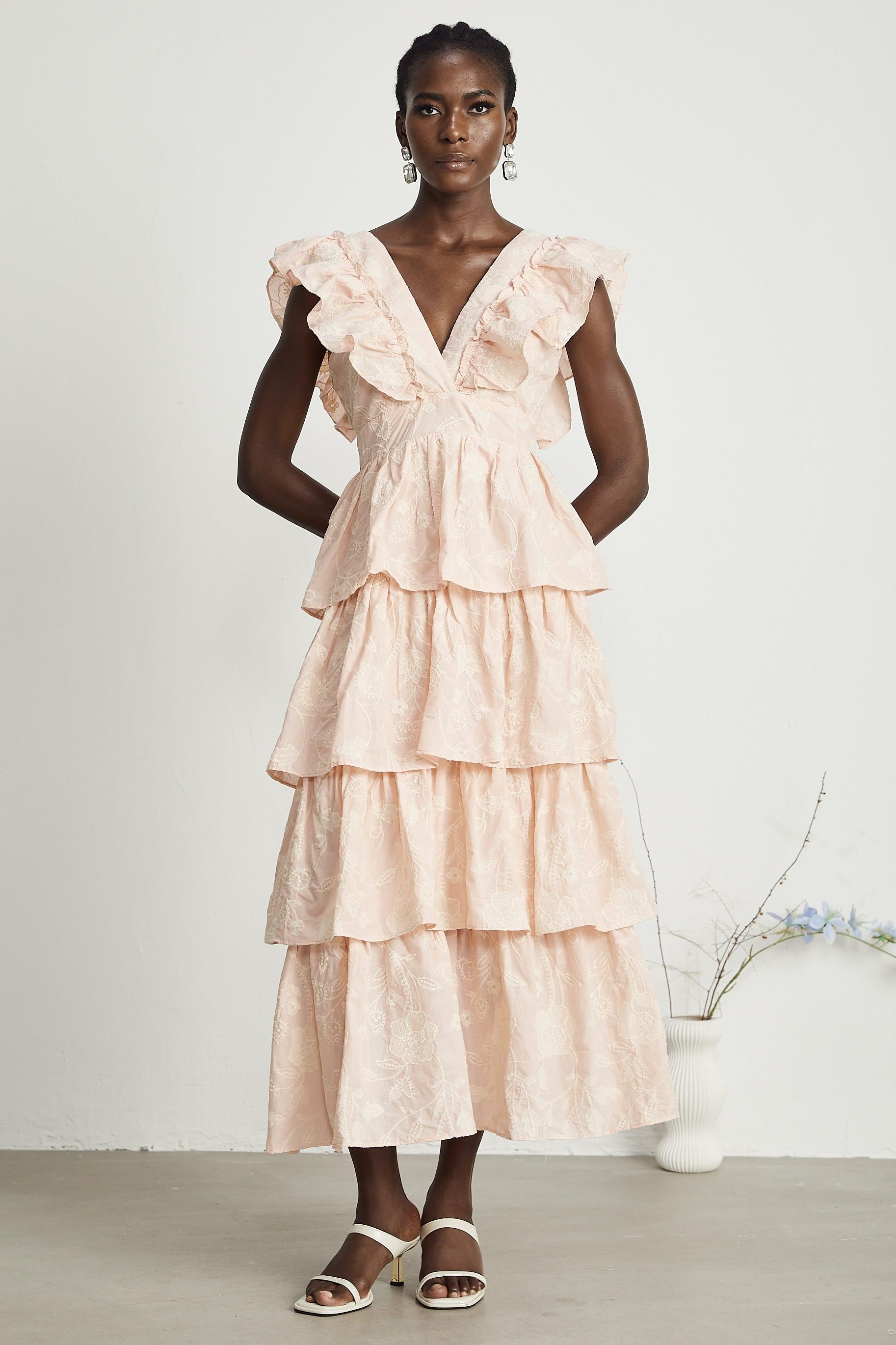 Embroidered Ruffle Sleeveless Midi Dress