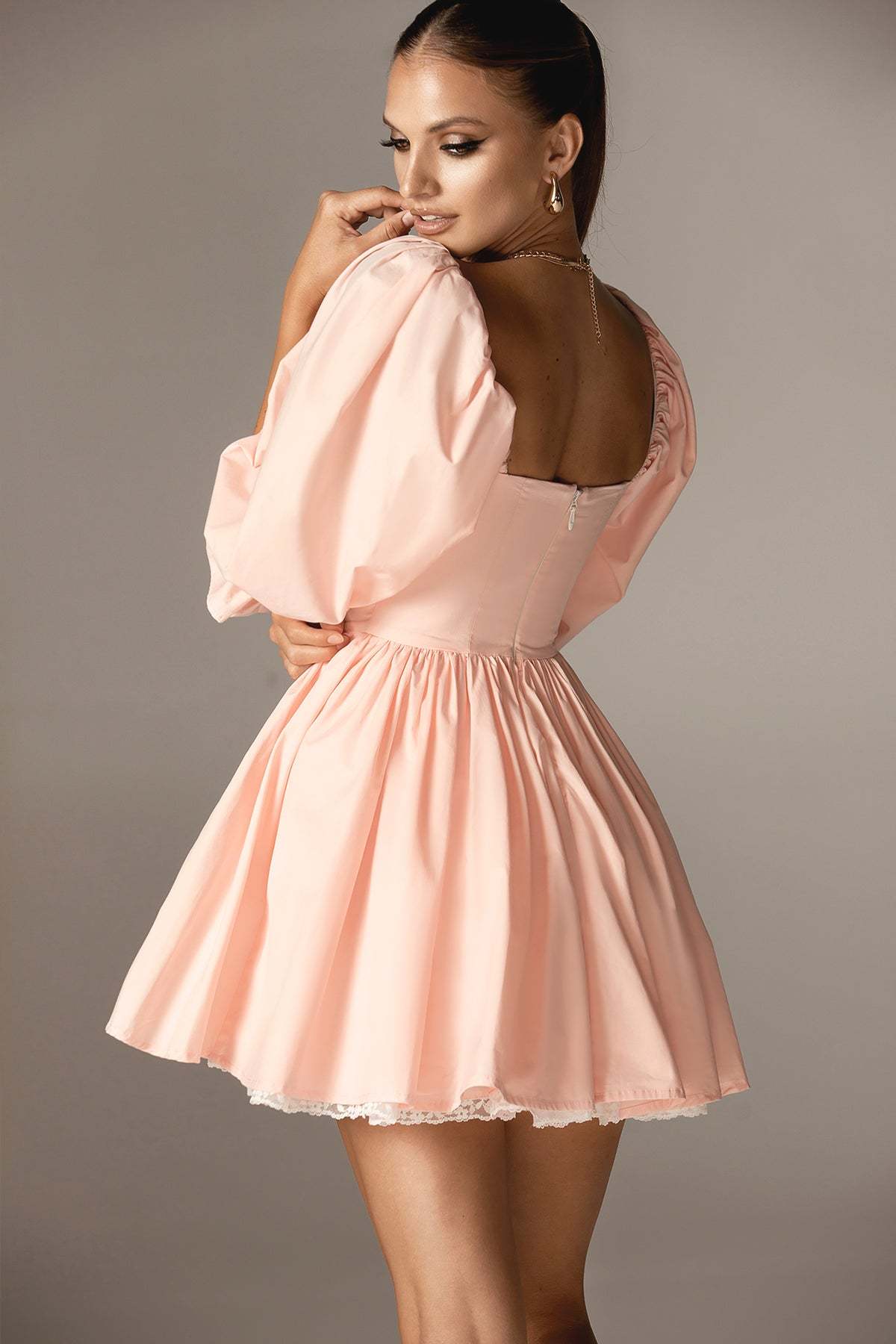 Solid Puff Sleeve Frill Mini Dress