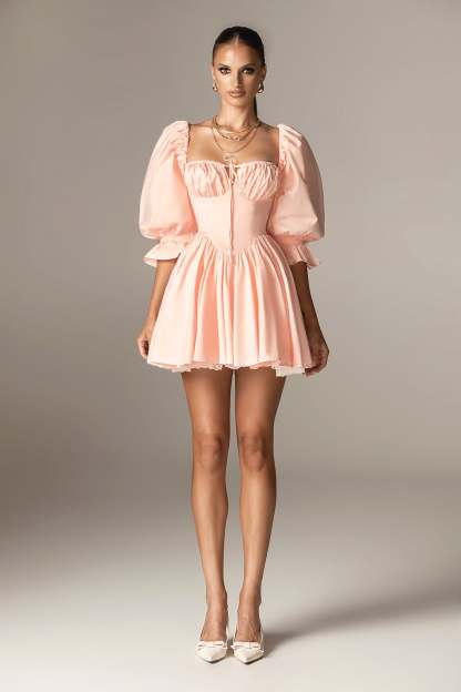 Solid Puff Sleeve Frill Mini Dress