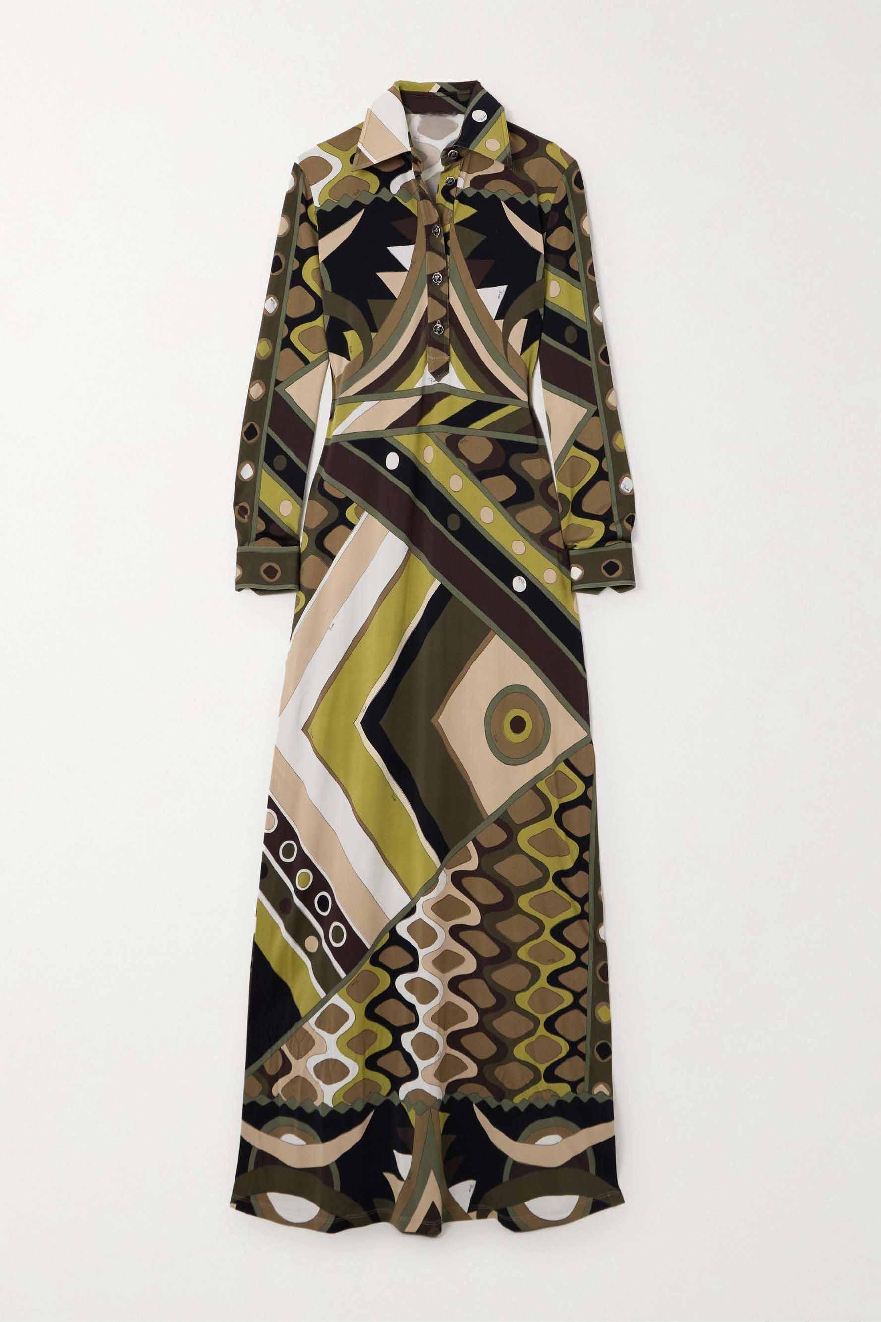 Abstract Print Shirt Collar Long Sleeve Maxi Dress
