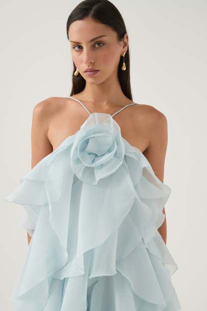 3D Flower Halter Neck Frill Maxi Dress
