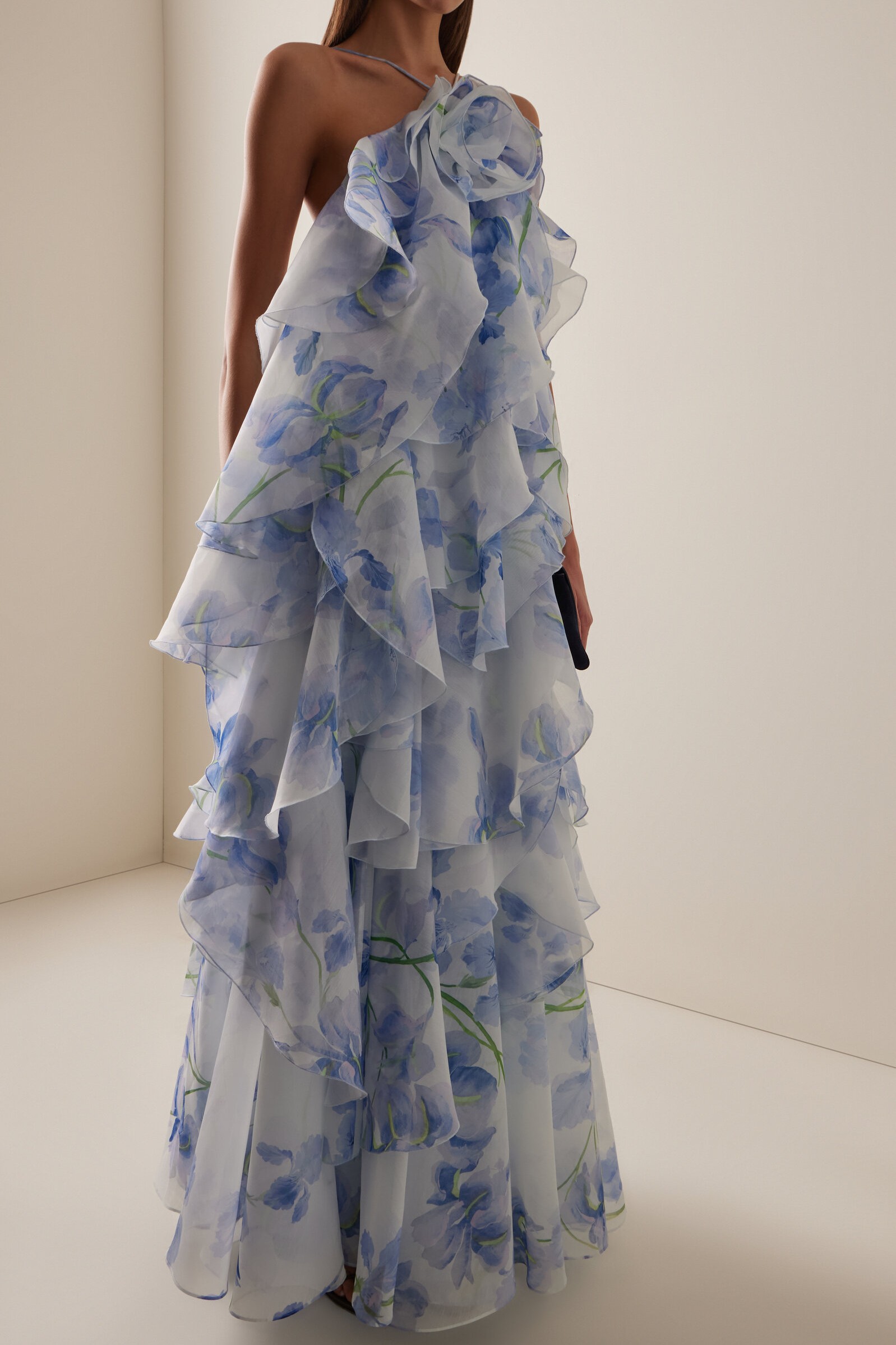 3D Flower Halter Neck Frill Maxi Dress