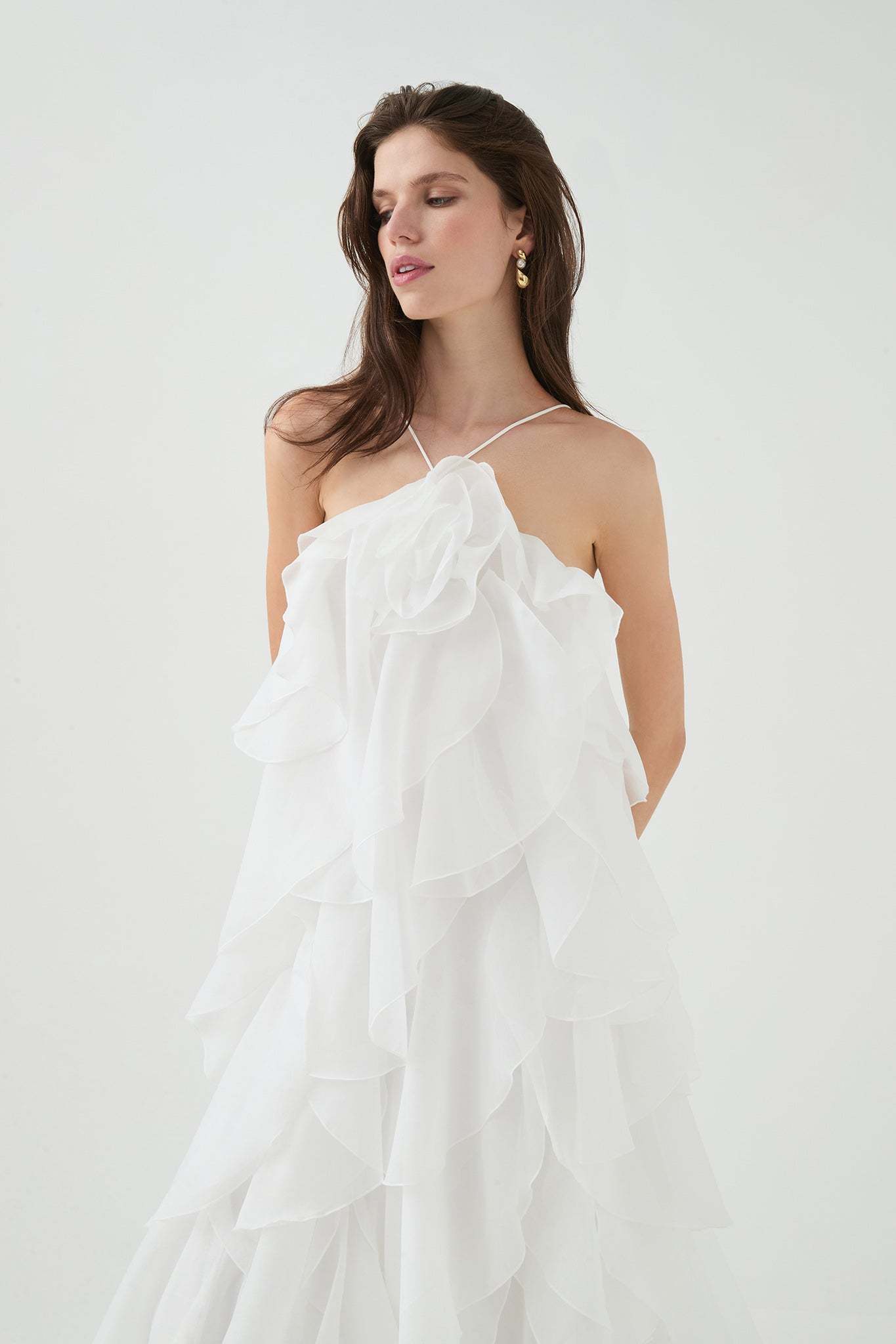 3D Flower Halter Neck Frill Maxi Dress