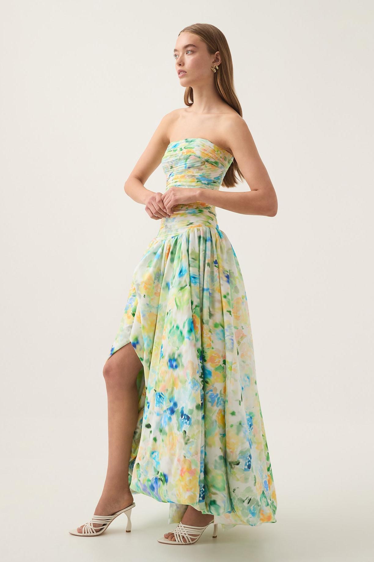 Tie Dye Pleat Split Midi Dress