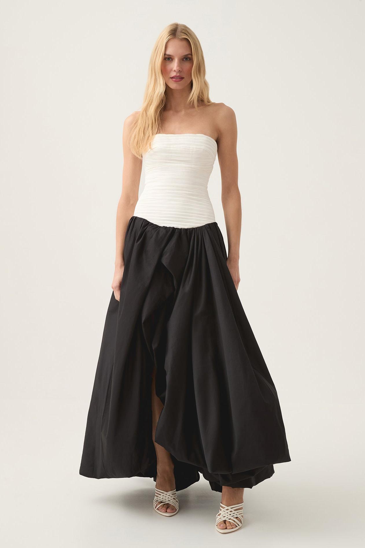 Pleat Split Contrast Color Off-Shoulder Midi Dress