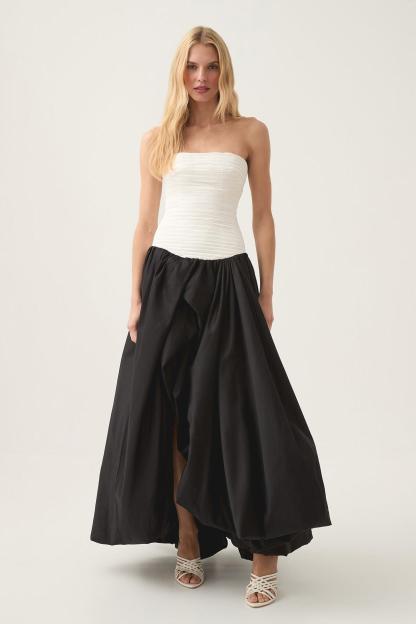 Pleat Split Contrast Color Off-Shoulder Midi Dress