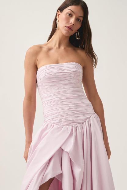 Pleat Split Contrast Color Off-Shoulder Midi Dress Pink