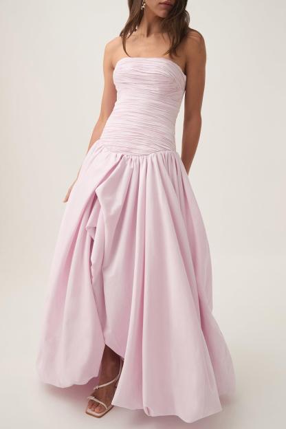 Pleat Split Contrast Color Off-Shoulder Midi Dress Pink