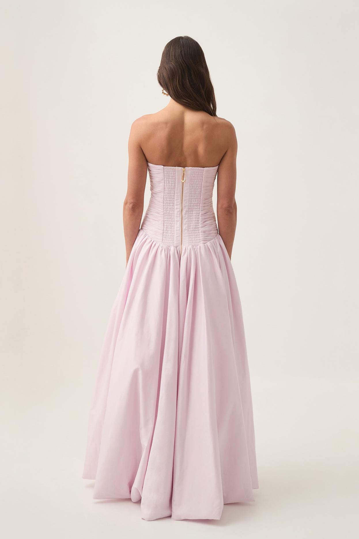 Pleat Split Contrast Color Off-Shoulder Midi Dress Pink
