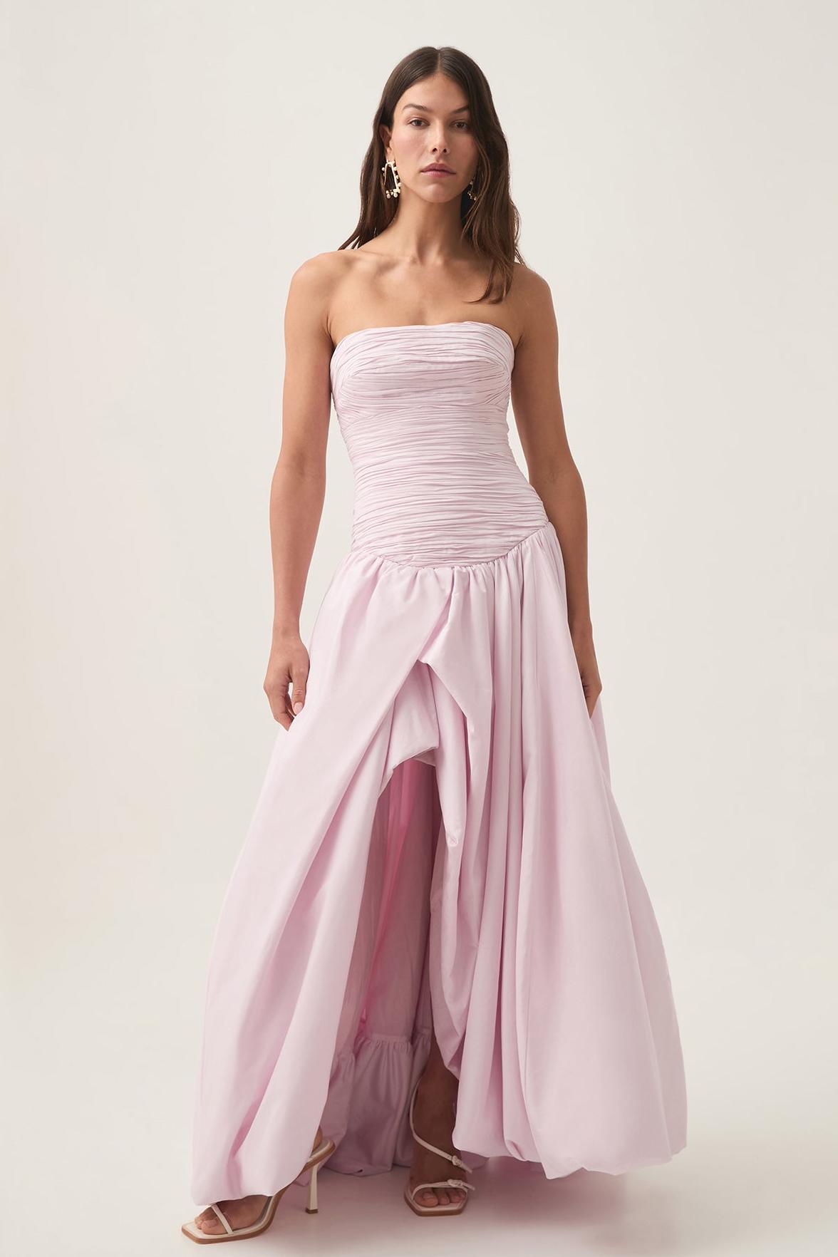 Pleat Split Contrast Color Off-Shoulder Midi Dress Pink