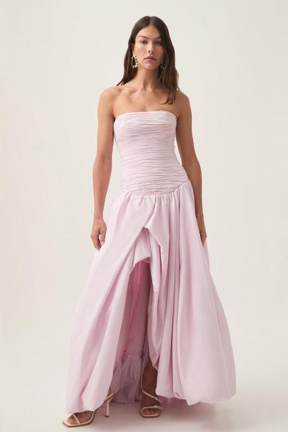 Pleat Split Contrast Color Off-Shoulder Midi Dress Pink