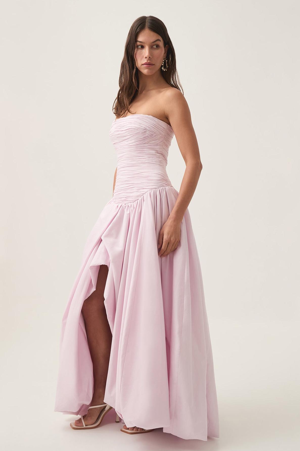 Pleat Split Contrast Color Off-Shoulder Midi Dress Pink