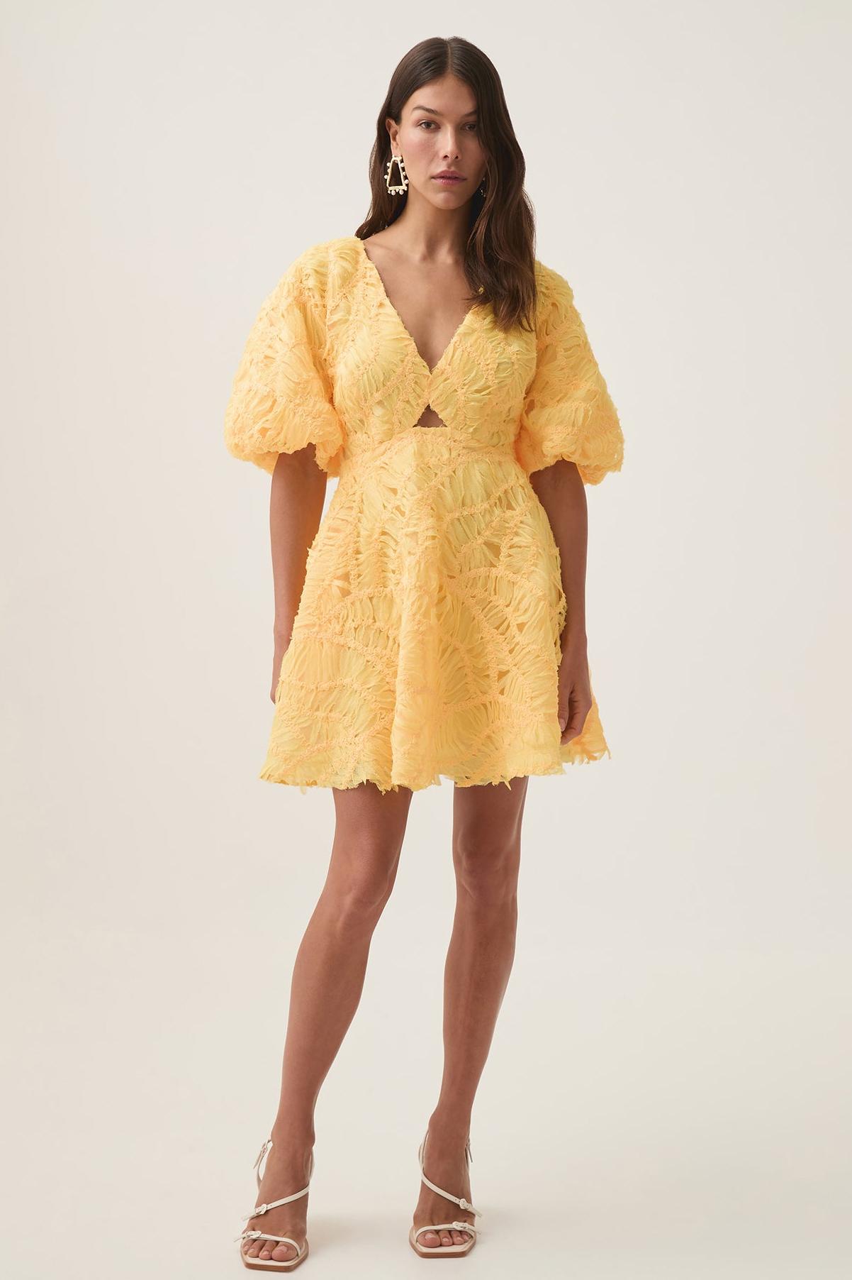 Cut-Out V Neck Puff Sleeve Mini Dress
