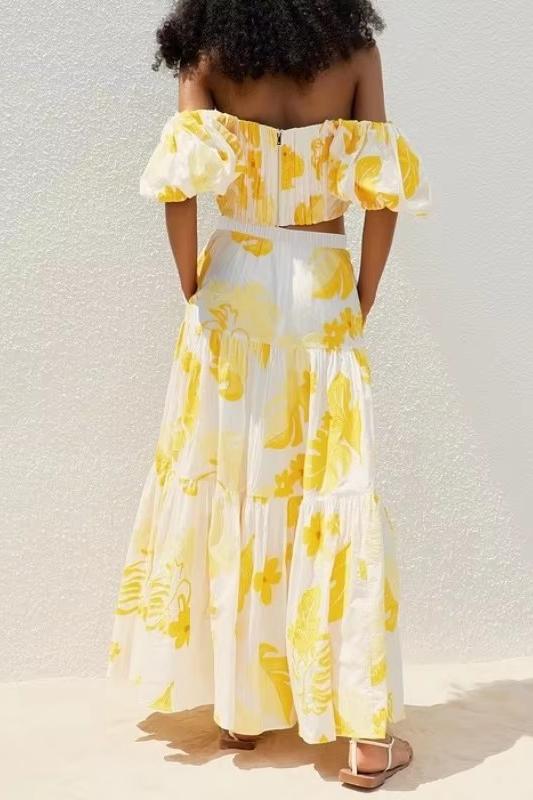 Embroidery Off-Shoulder Top & High   Waist Midi Dress Set
