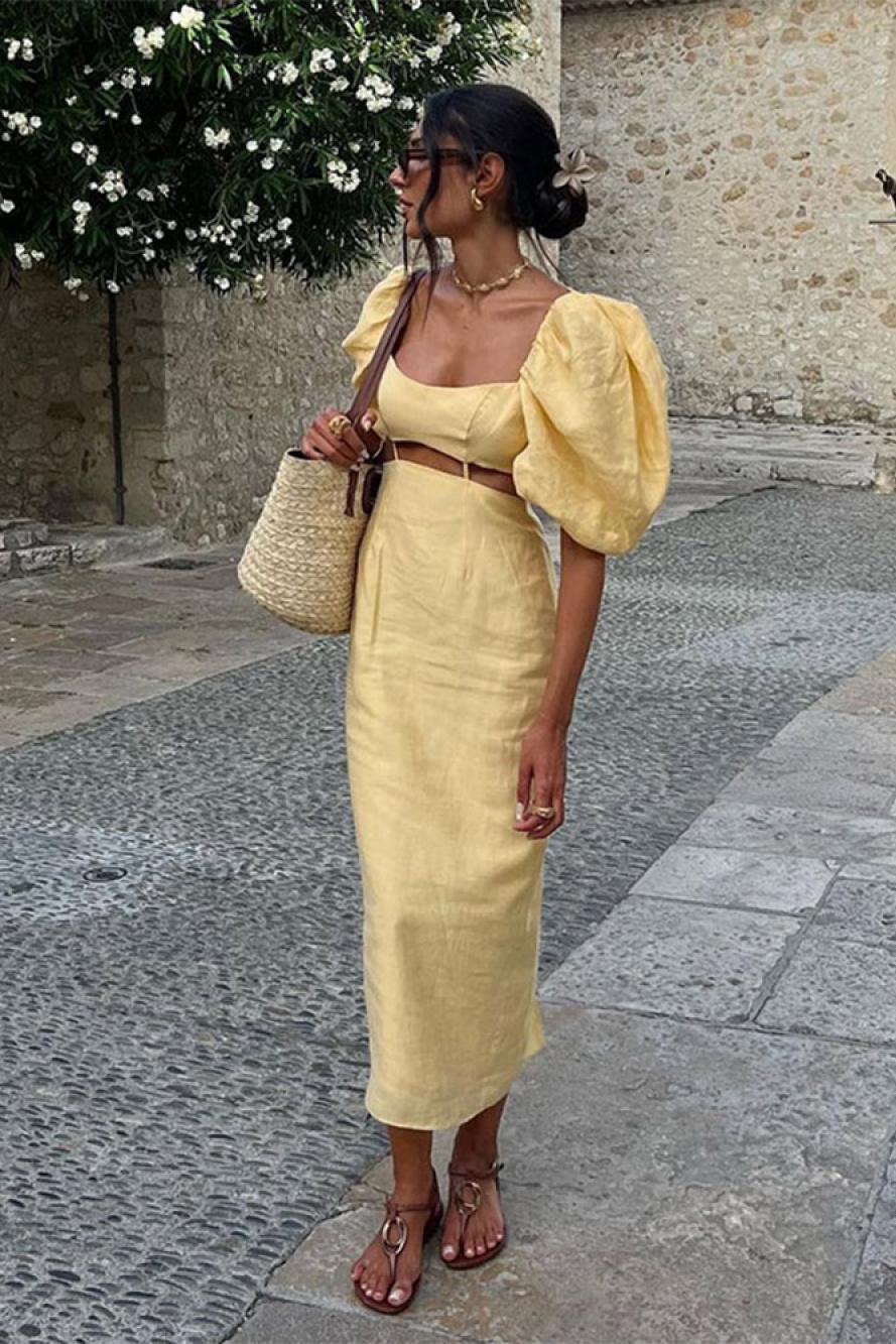 Solid Square Neck Puff Sleeve Midi Dress